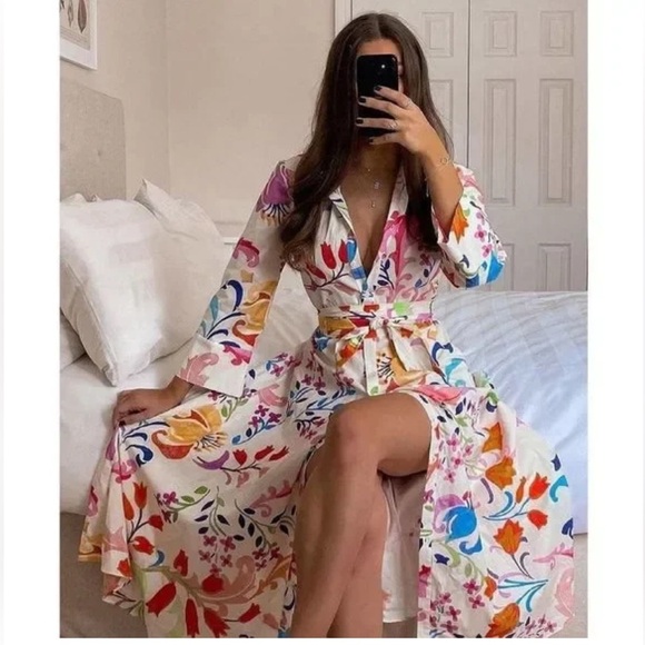 Zara white cotton poplin shirt dress colorful pattern tie waist midi size XS - Picture 1 of 7